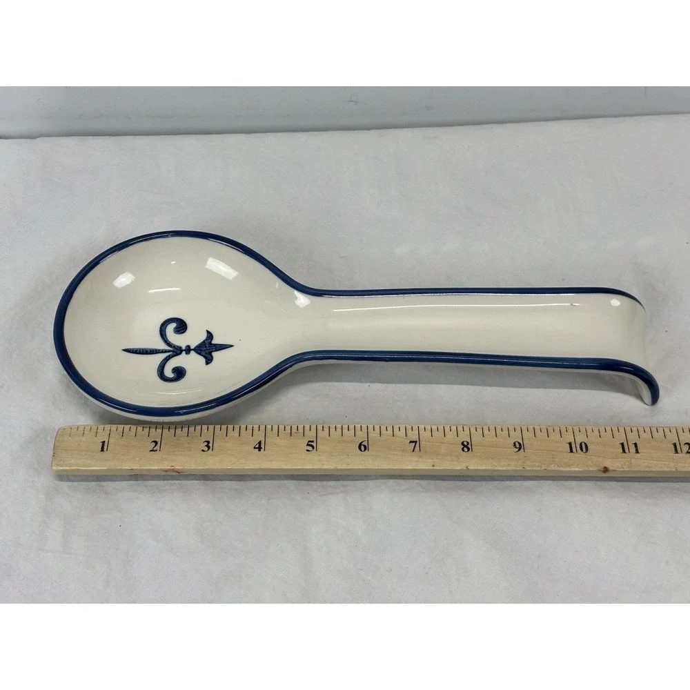 Vtg Sur La Table Flour De Lis Spoon Rest Blue White Large Sainte Germaine